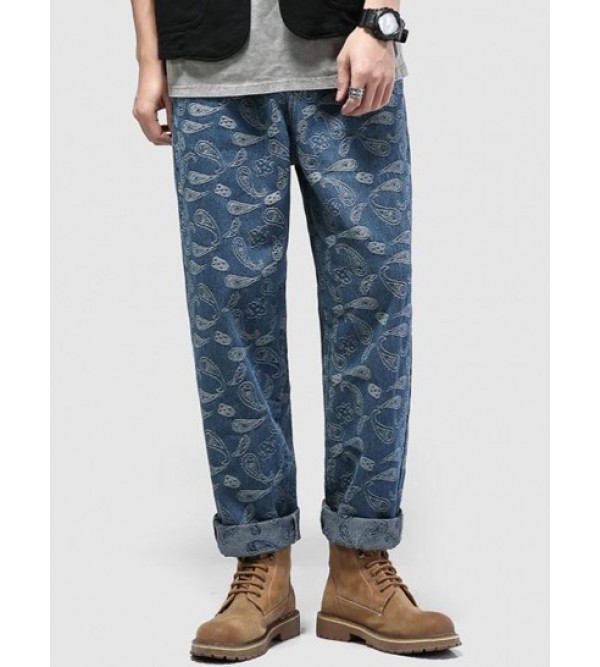 Straight Leg Paisley Flower Print Y2K Aesthetic Jeans