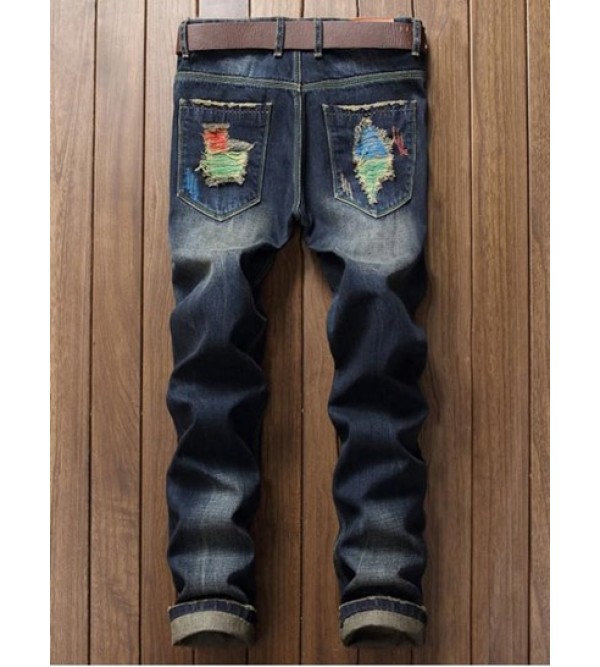 Colorful Destroy Wash Scratch Long Casual Ripped Jeans Colorful Destroy Wash Scratch Long Casual Ripped Jeans
