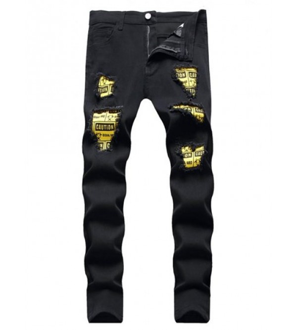 Contrast Ripped Patch Casual Jeans Contrast Ripped Patch Casual Jeans