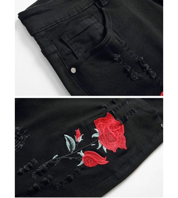 Rose Floral Embroidered Ripped Design Skinny Jeans Rose Floral Embroidered Ripped Design Skinny Jeans