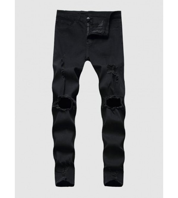 Solid Color Zipper Fly Destroyed Jeans