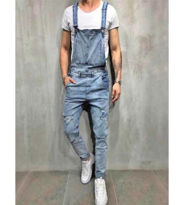 Frayed Ripped Inside Pocket Design Jean Jumpsuits