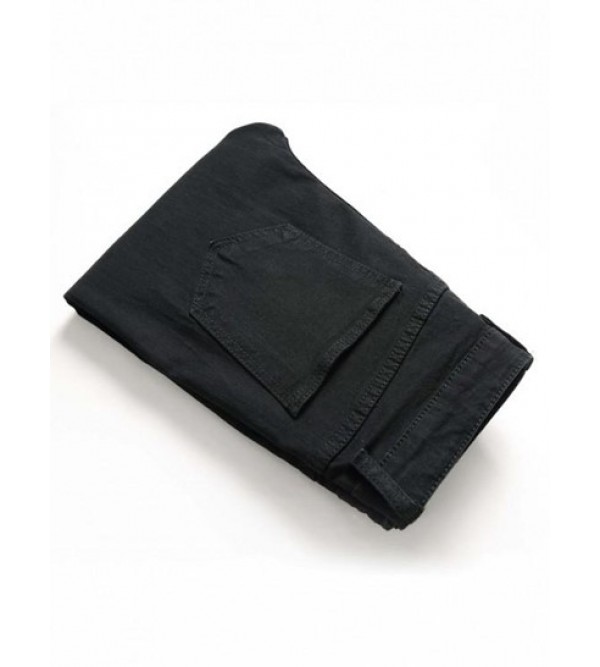 Solid Color Frayed Ripped Zipper Fly Jeans