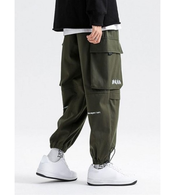 Casual Letter Print Pockets Elastic Waist Cargo Techwear Pants