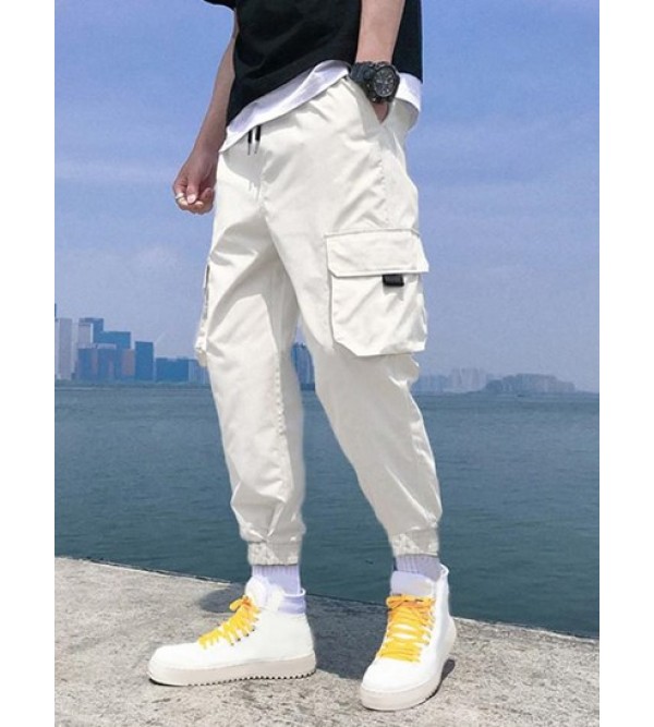 Multi Pockets Solid Color Drawstring Jogger Cargo Pants