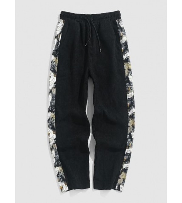Chinese Style Crane Printed Drawstring Casual Pants