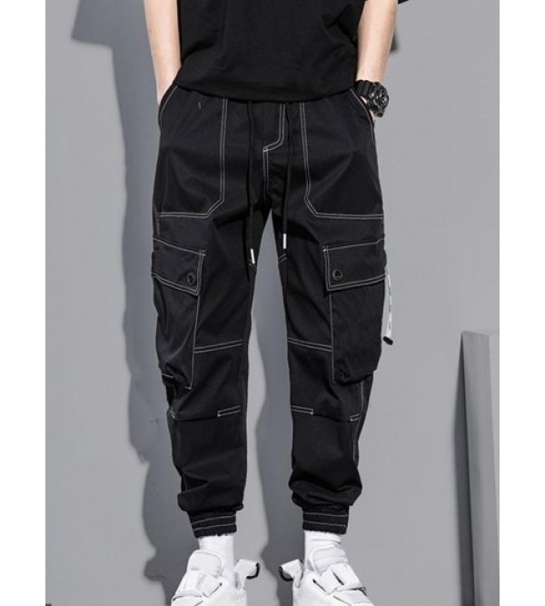 Multi-pocket Solid Color Topstitching Streetwear Cargo Pants