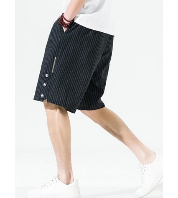 Striped Print Zipper And Button Design Drawstring Casual Shorts