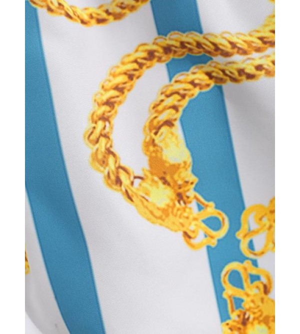 Contrasting Stripe Chain Print Vacation Shorts