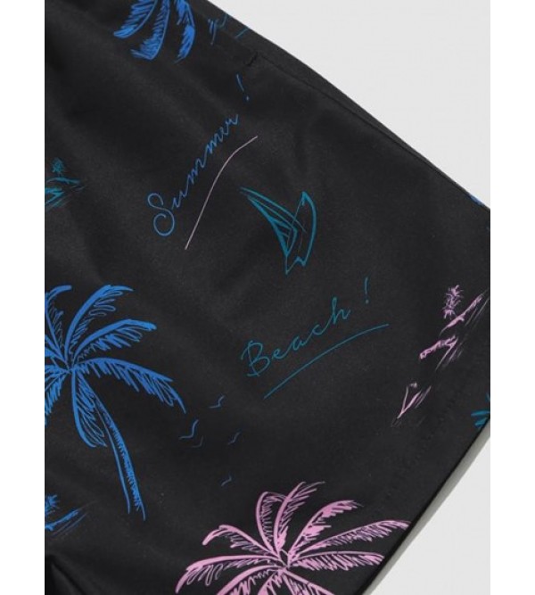 Hawaiian Letter Coconut Tree Graphic Print Drawstring Beach Shorts