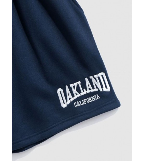 Letter OAKLAND Embroidery Fleece-lined Drawstring Blokecore Sweat Shorts