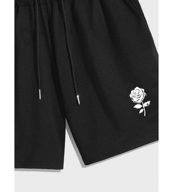 Rose Floral Pattern Drawstring Casual Shorts