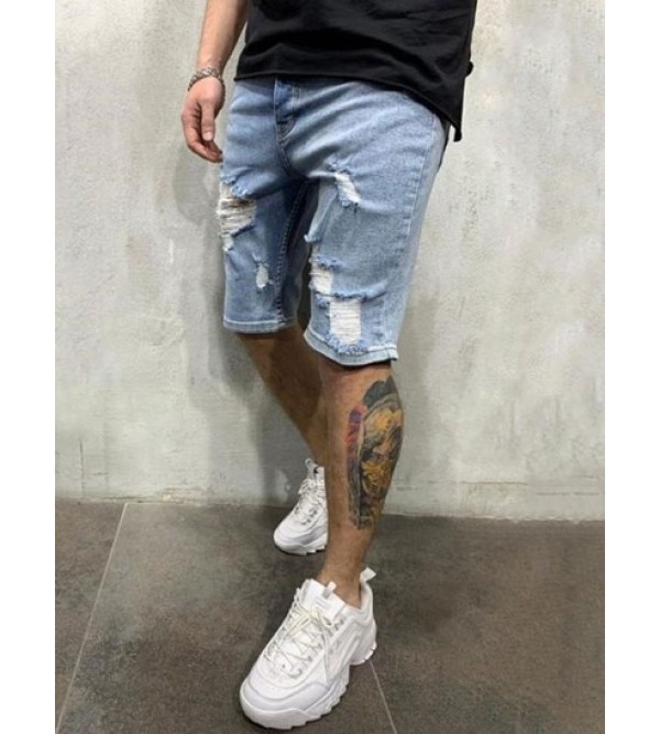 Zipper Fly Distressed Denim Shorts