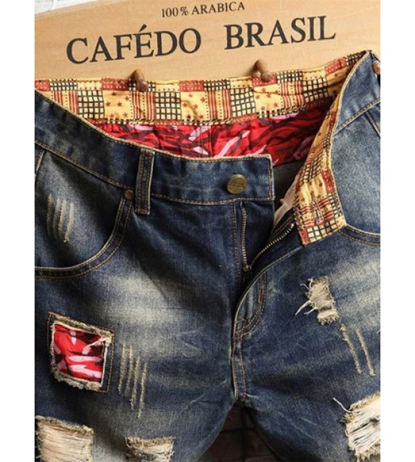 Patchwork Design Destroyed Denim Shorts