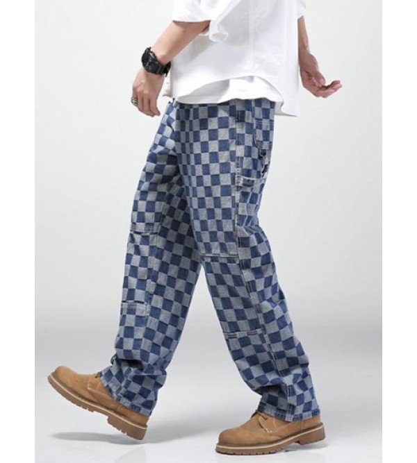 Y2K Aesthetic Checkerboard Print Straight Leg Carpenter Jeans