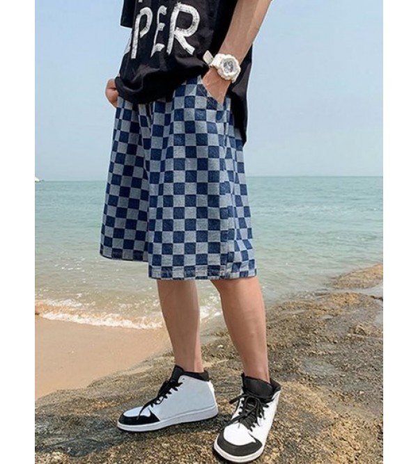 Checkerboard Pattern Drawstring Denim Shorts Checkerboard Pattern Drawstring Denim Shorts