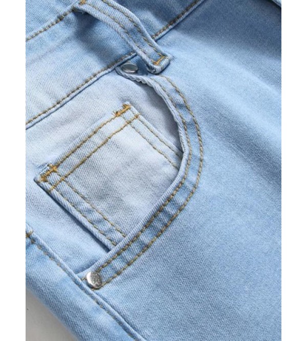 Zipper Ripped Pockets Button Casual Jeans