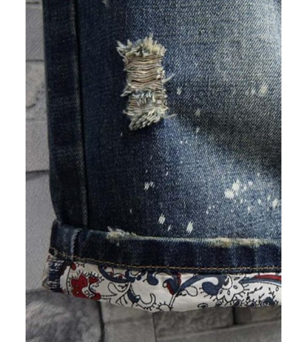Splash Print Frayed Ripped Denim Shorts
