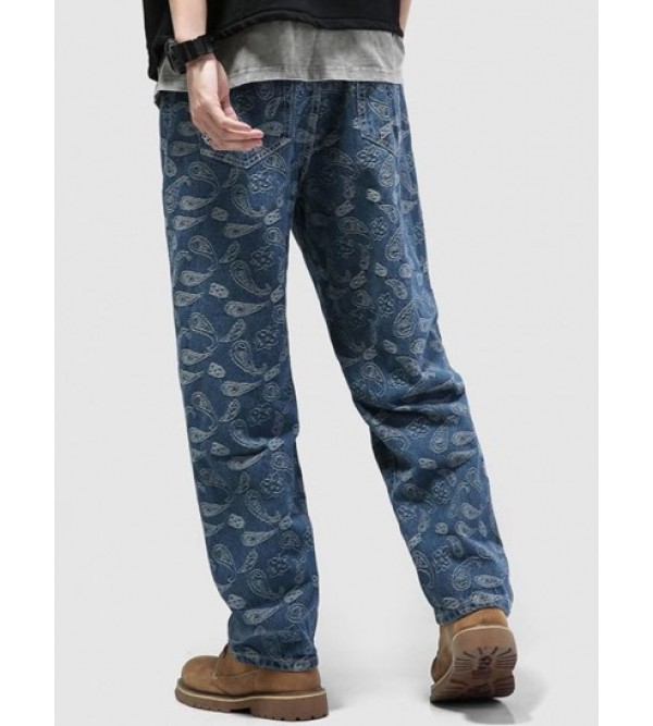Straight Leg Paisley Flower Print Y2K Aesthetic Jeans