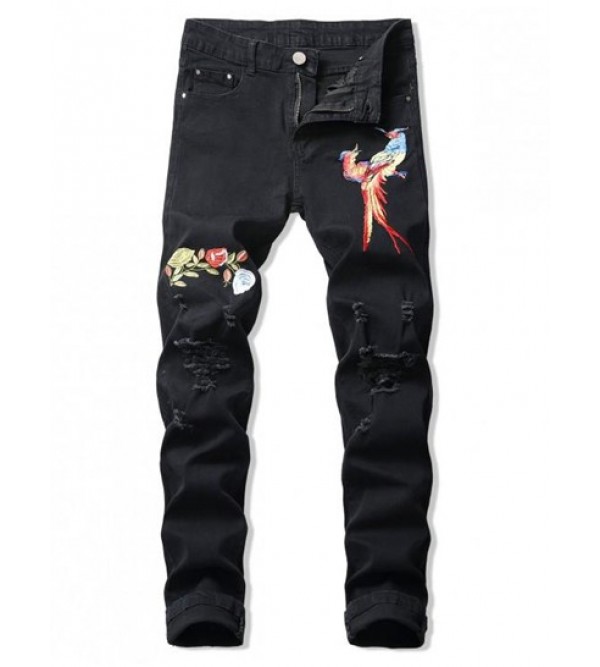 Ripped Floral Bird Embroidery Destroy Wash Long Jeans Ripped Floral Bird Embroidery Destroy Wash Long Jeans