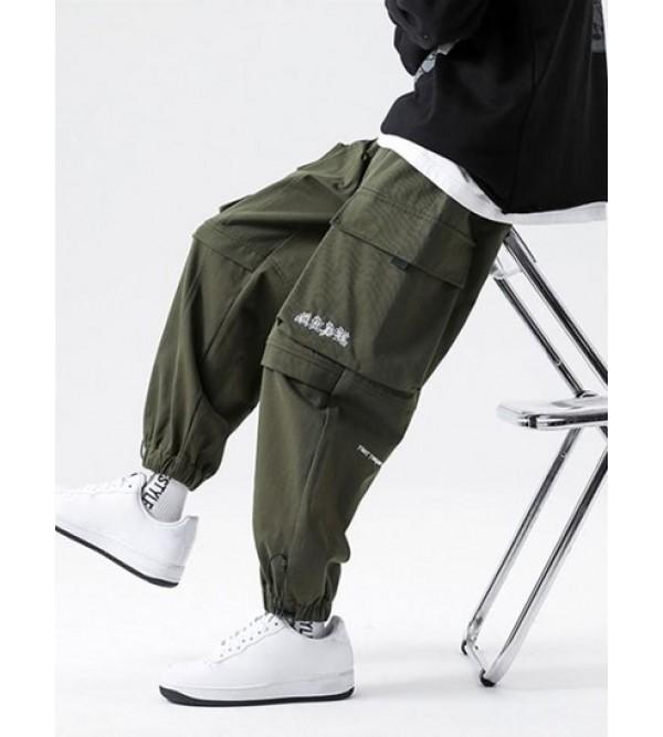 Casual Letter Print Pockets Elastic Waist Cargo Techwear Pants