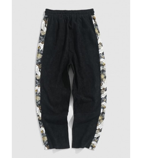 Chinese Style Crane Printed Drawstring Casual Pants